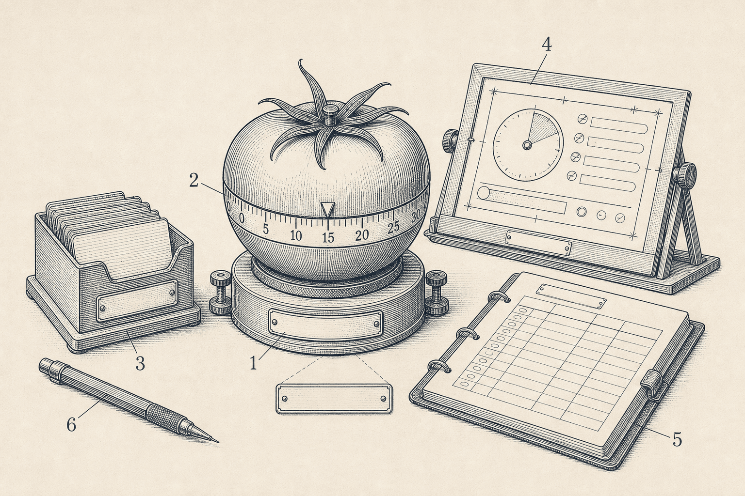 Technical engraving of a pomodoro timer, project cards, a task ledger, and a small interface frame