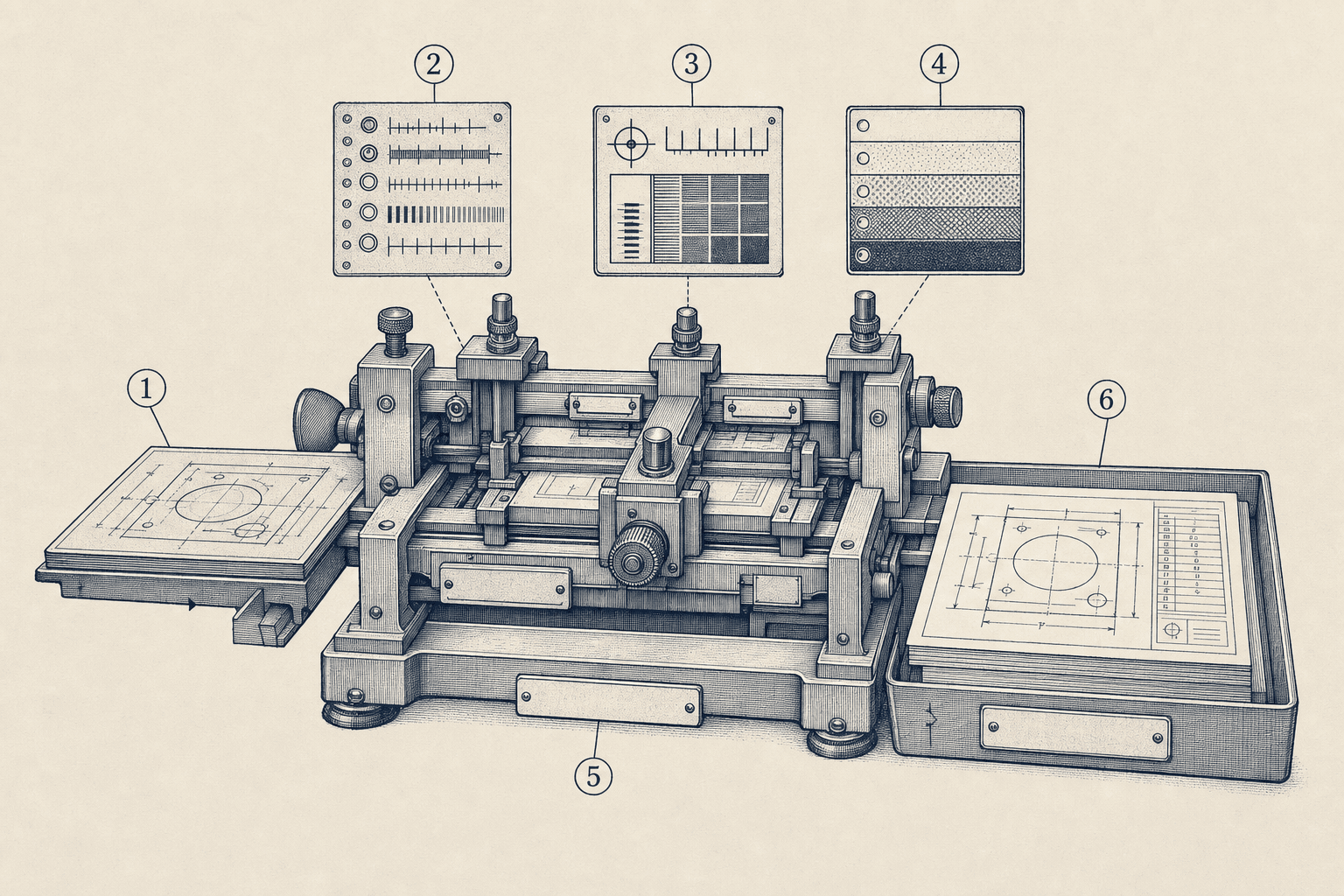 Technical engraving of a design document moving through a calibration jig with type gauges and rule cards