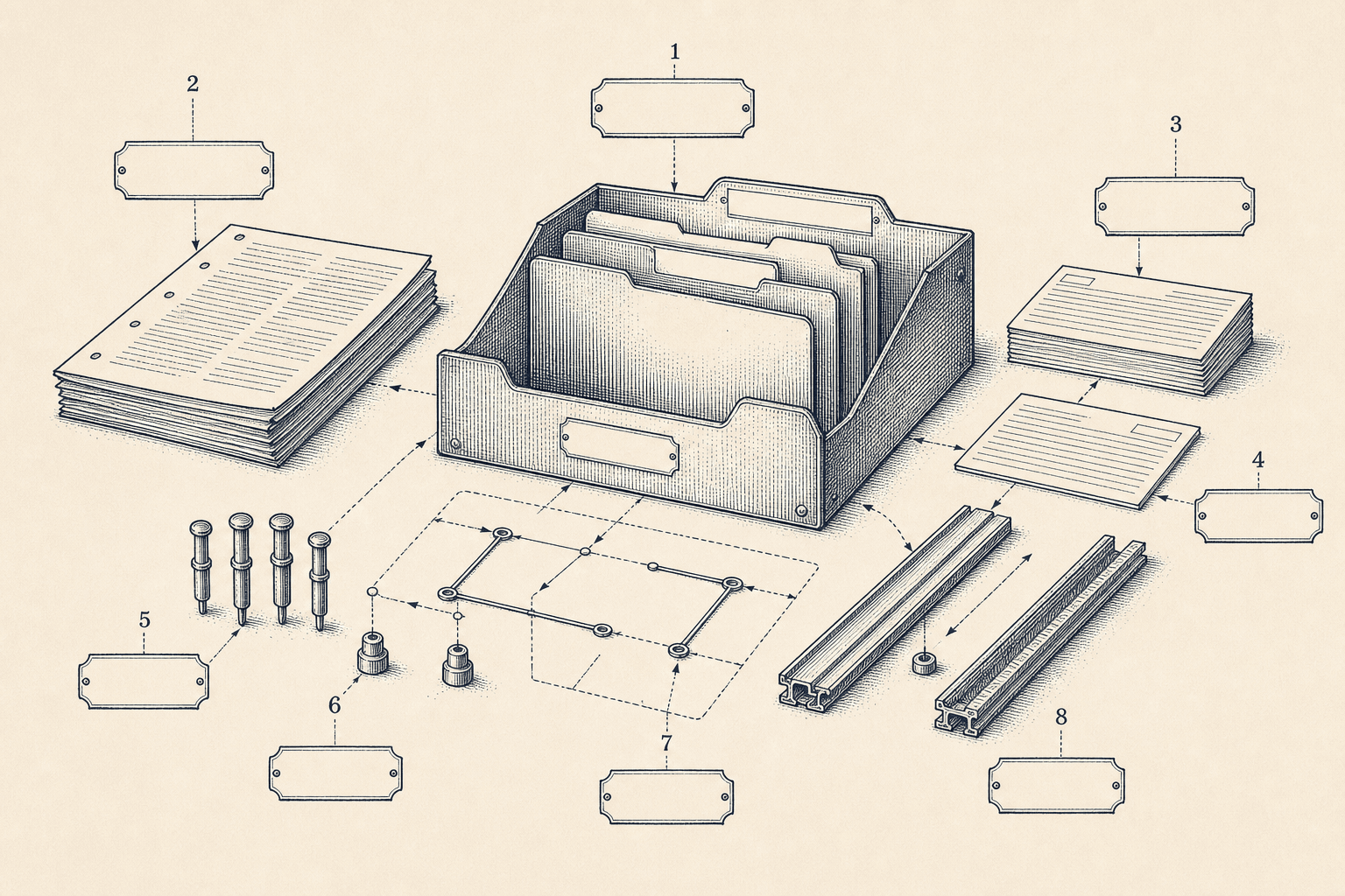 Technical engraving of a folder tray, documents, guide rails, and connector pins arranged as a kit map