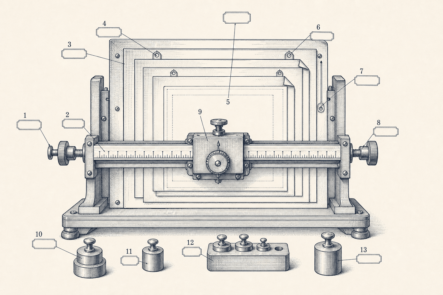 Technical engraving of nested document frames and a calibration rail