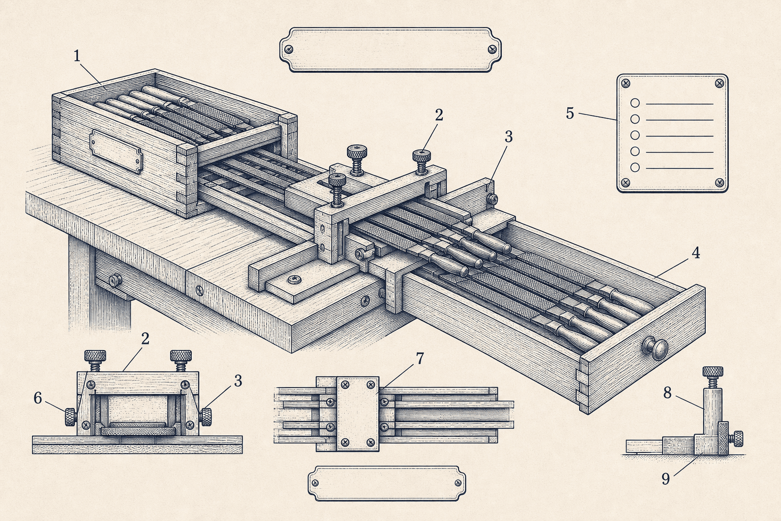 Technical engraving of files moving through an installation jig from one tray to another