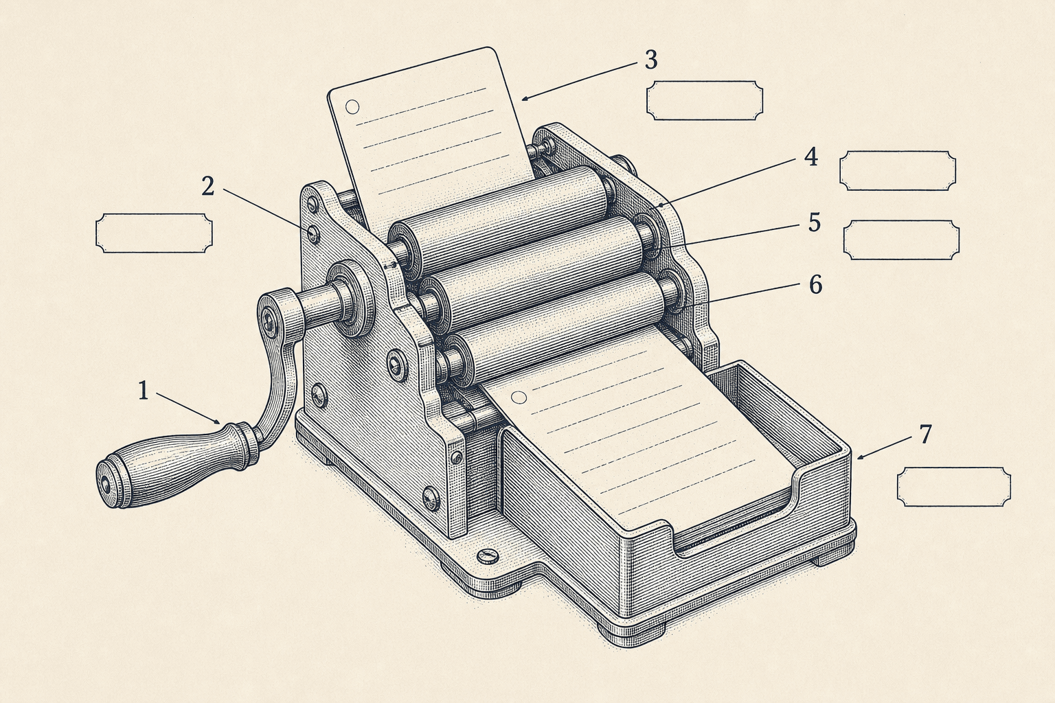 Technical engraving of a hand-cranked paper roller feeding a document into an output tray