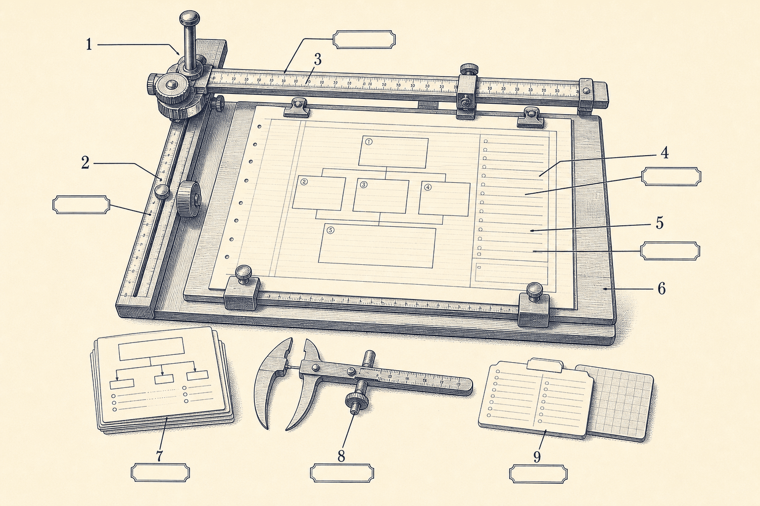 Technical engraving of a manuscript clamped beneath measuring arms and calipers