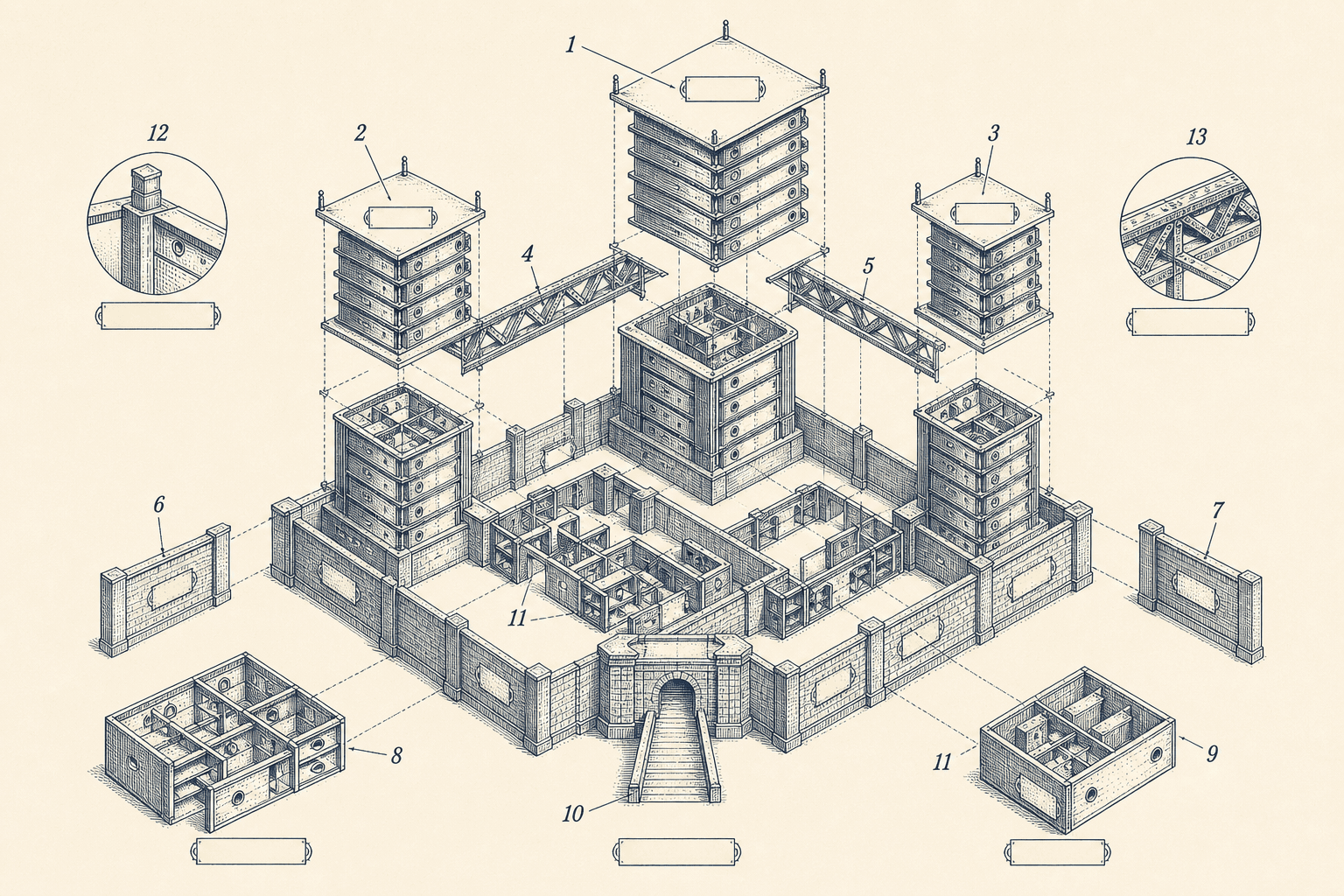 Technical engraving of document towers, bridge trusses, and boundary walls in an exploded system model