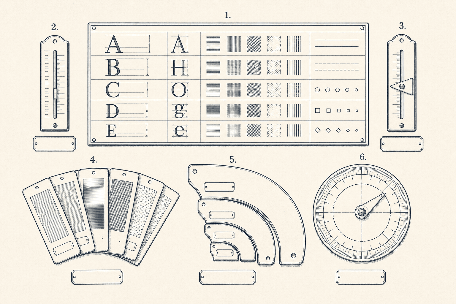 Technical engraving of type gauges, line samples, swatch cards, and timing instruments