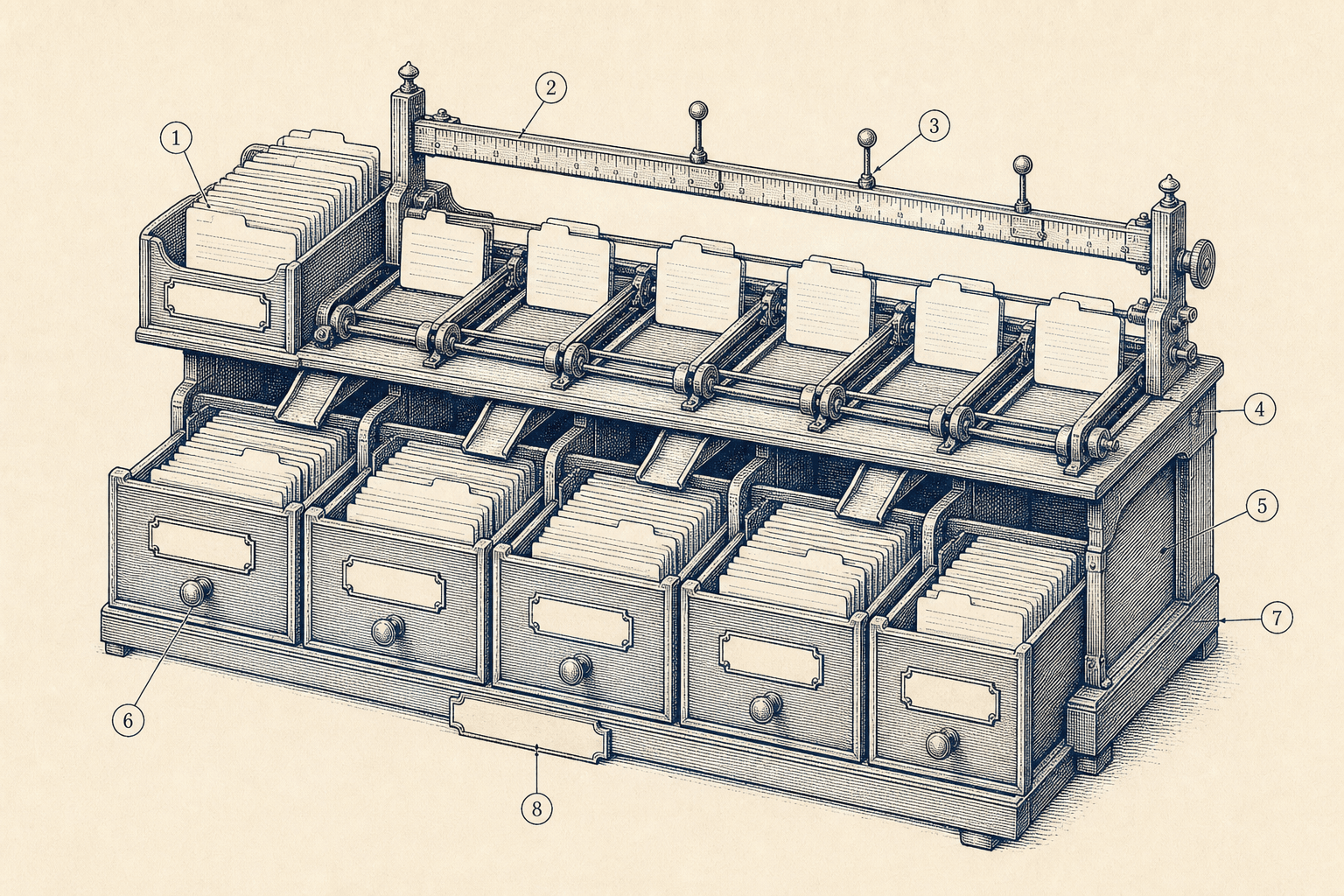 Technical engraving of index cards moving across lanes into phased drawers