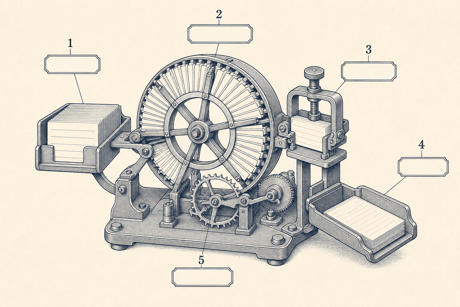 Technical engraving of a circular paper feed wheel with input, review, and output trays