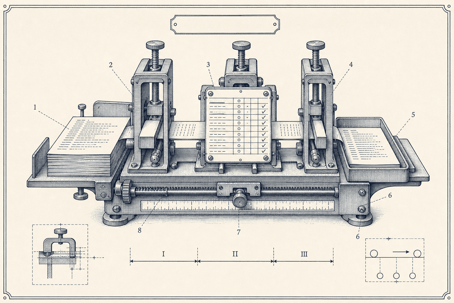 Technical engraving of a mechanical verification gate moving paper through inspection stations