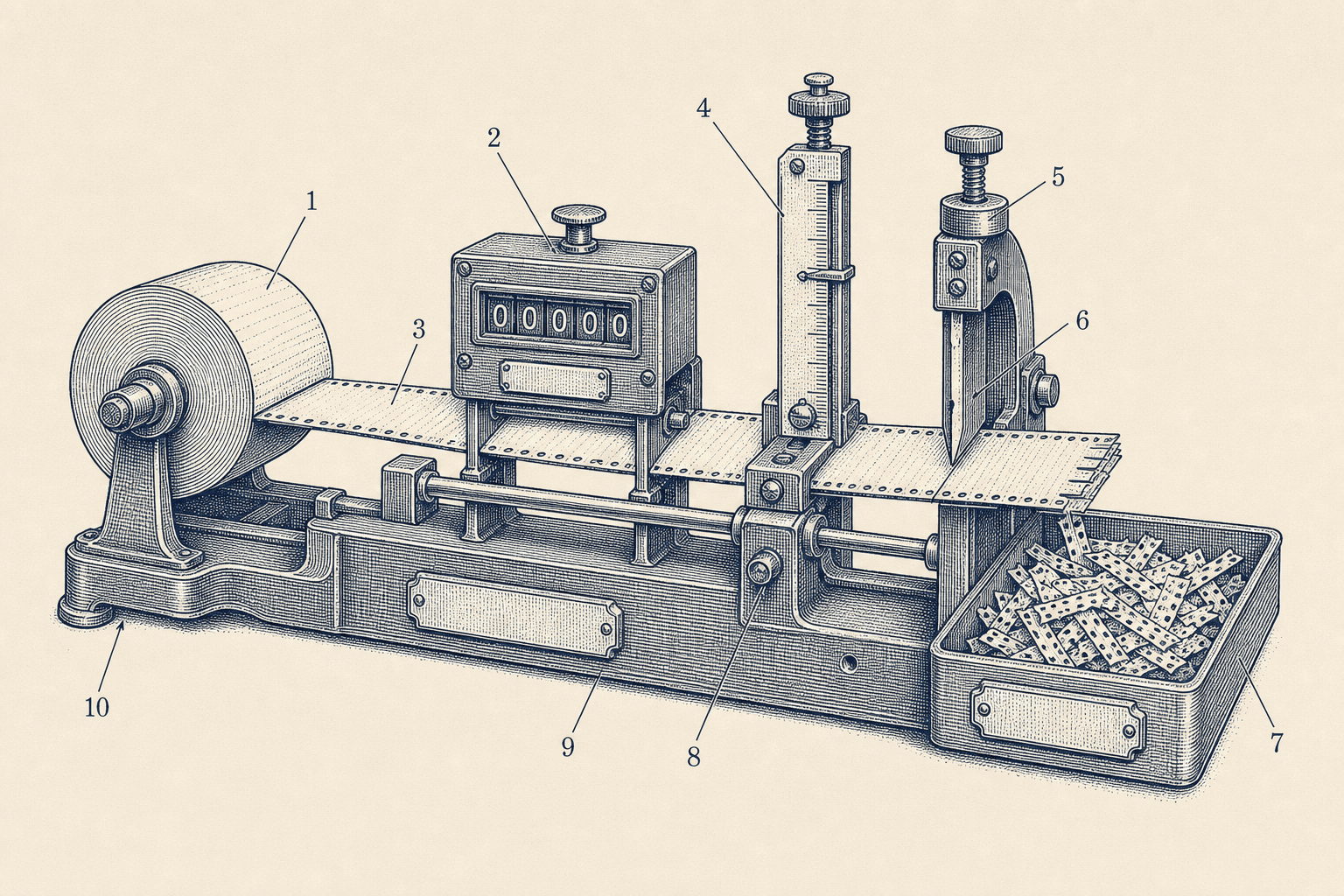 Technical engraving of a document spool passing through a counter, gauge, and trimming blade