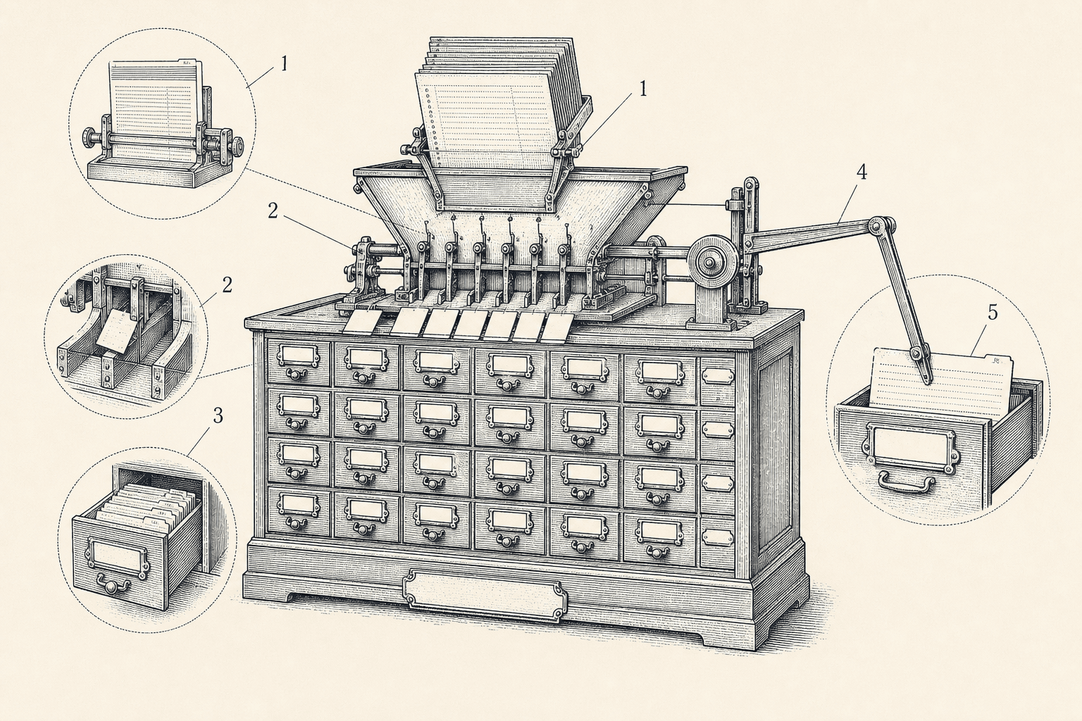 Technical engraving of transcripts feeding into a sorting hopper and indexed card drawers