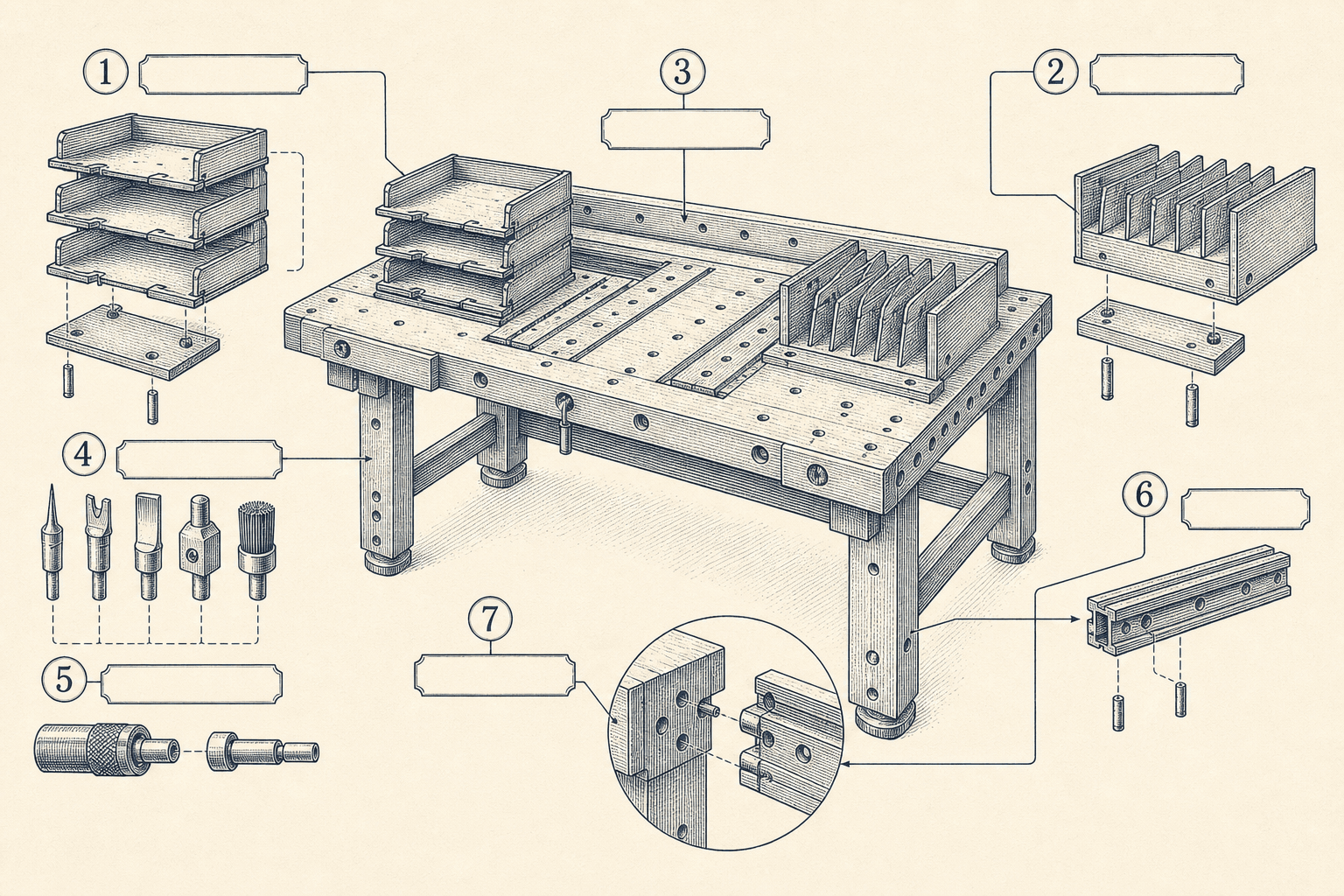 Technical engraving of modular trays, tool heads, pins, and an expansion rail on a workbench
