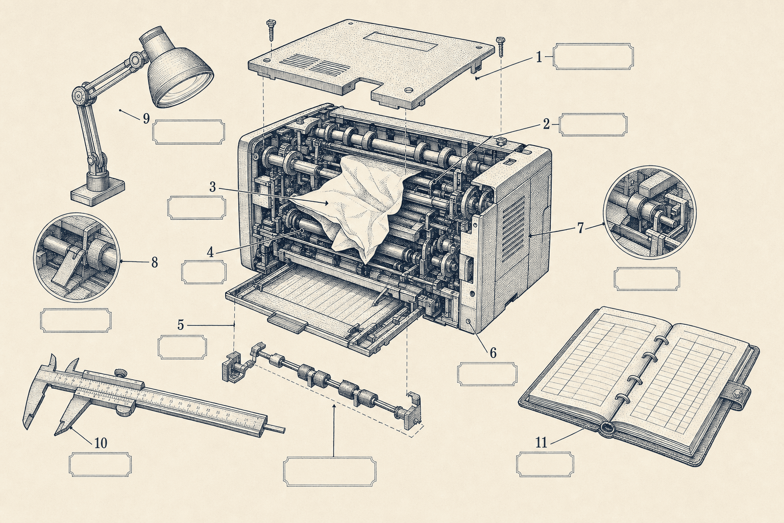 Technical engraving of a diagnostic bench with a jammed paper path and inspection tools